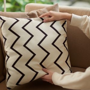 Cropped,Image,Of,Woman,Decorating,Couch,In,Living,Room,With